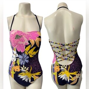 Trina Turk Bal Harbour Floral Bandeau One Piece Swimsuit L67210 Women's Size 8